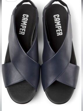 Camper Navy Blue Crisscross Leather Slide Sandals Balloon wedge heel 39 8 8.5